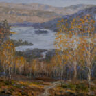 lake district art original oil painting by local artist Jeff Sudders Overlooking Rydal Water - looking from woodland path near loughrigg to water and island