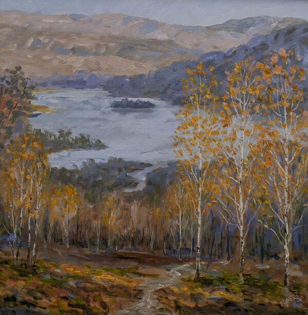 lake district art original oil painting by local artist Jeff Sudders Overlooking Rydal Water - looking from woodland path near loughrigg to water and island