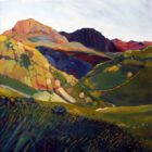 Art print by Lake District artist Libby Edmondson of Pavey Ark near stickle tarn in lush summer green tones with hints of yellow