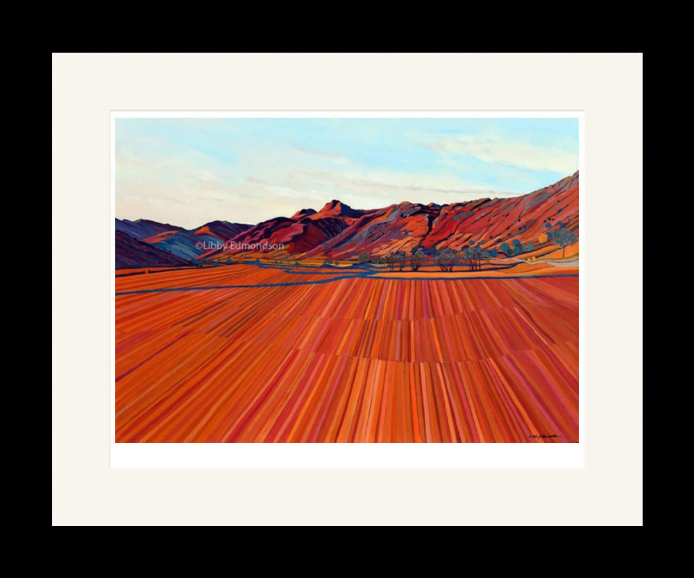 Lake District art by Libby Edmondson. Limited edition print of Poetic Fields featuring the Langdale Pikes in bright autumn colours