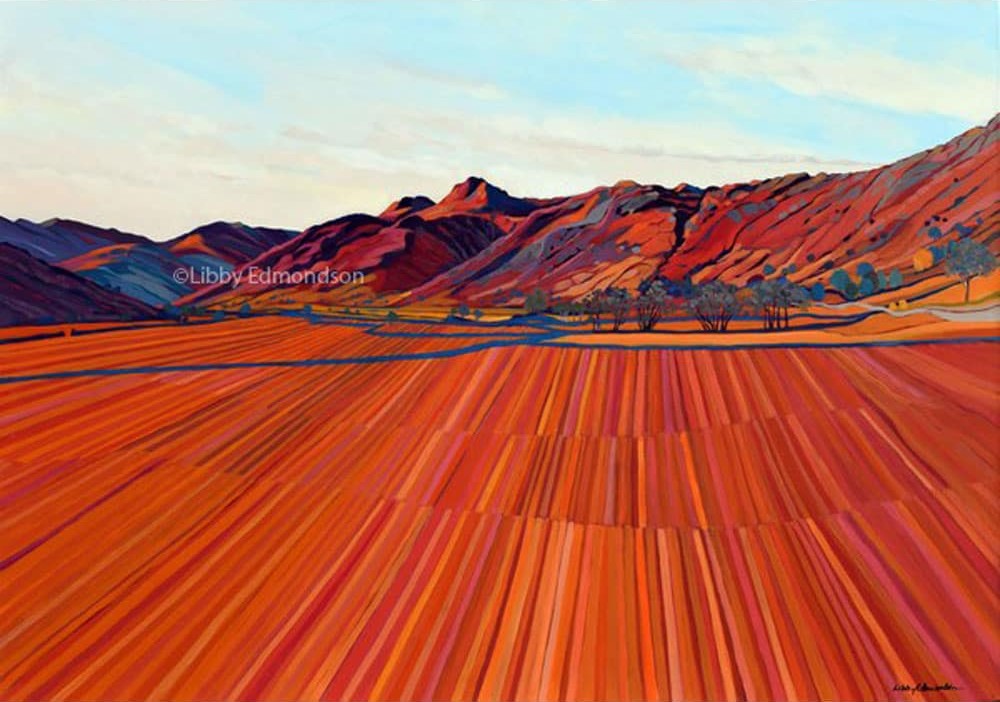 Poetic Fields by Libby Edmondson Lake District art by Libby Edmondson. Limited edition print of Poetic Fields featuring the Langdale Pikes in bright autumn colours