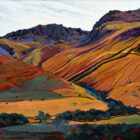 Art print by Lake District artist Libby Edmondson of Scafell Pike in glorious autumn orange times with hints of green from the trees