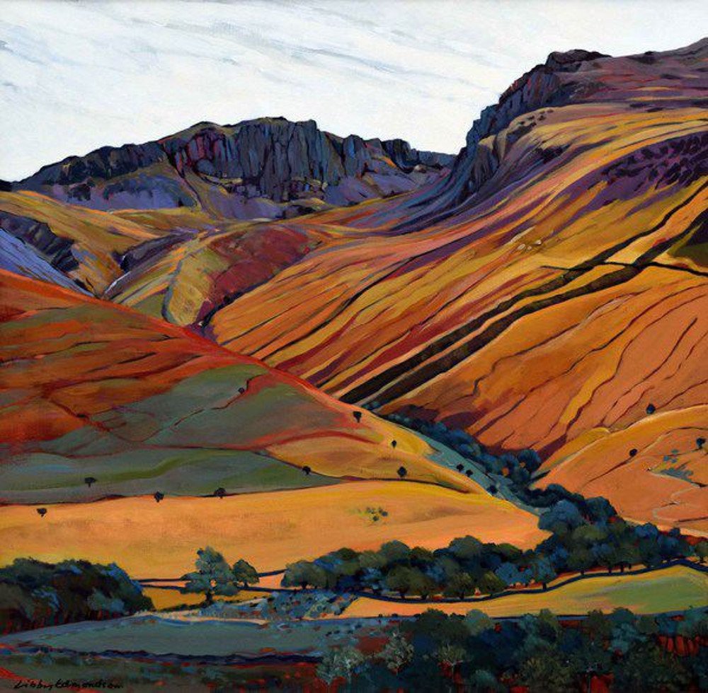 Scafell Pike by Libby Edmondson (1) Art print by Lake District artist Libby Edmondson of Scafell Pike in glorious autumn orange times with hints of green from the trees