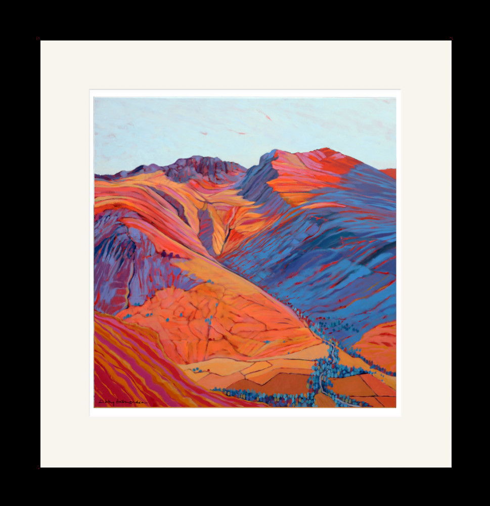 Art print by Lake District artist Libby Edmondson of Scafell Pike II in bright pink orange with blue shadows. The tallest mountain in England