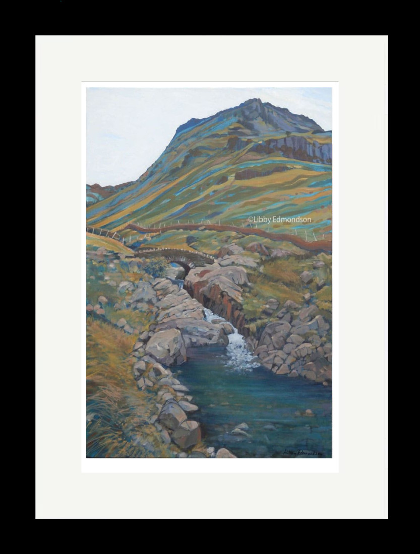 Lake District art by Libby Edmondson. Limited edition print Stockley Bridge 2013 the old packhorse bridge over the river derwent near styhead gill
