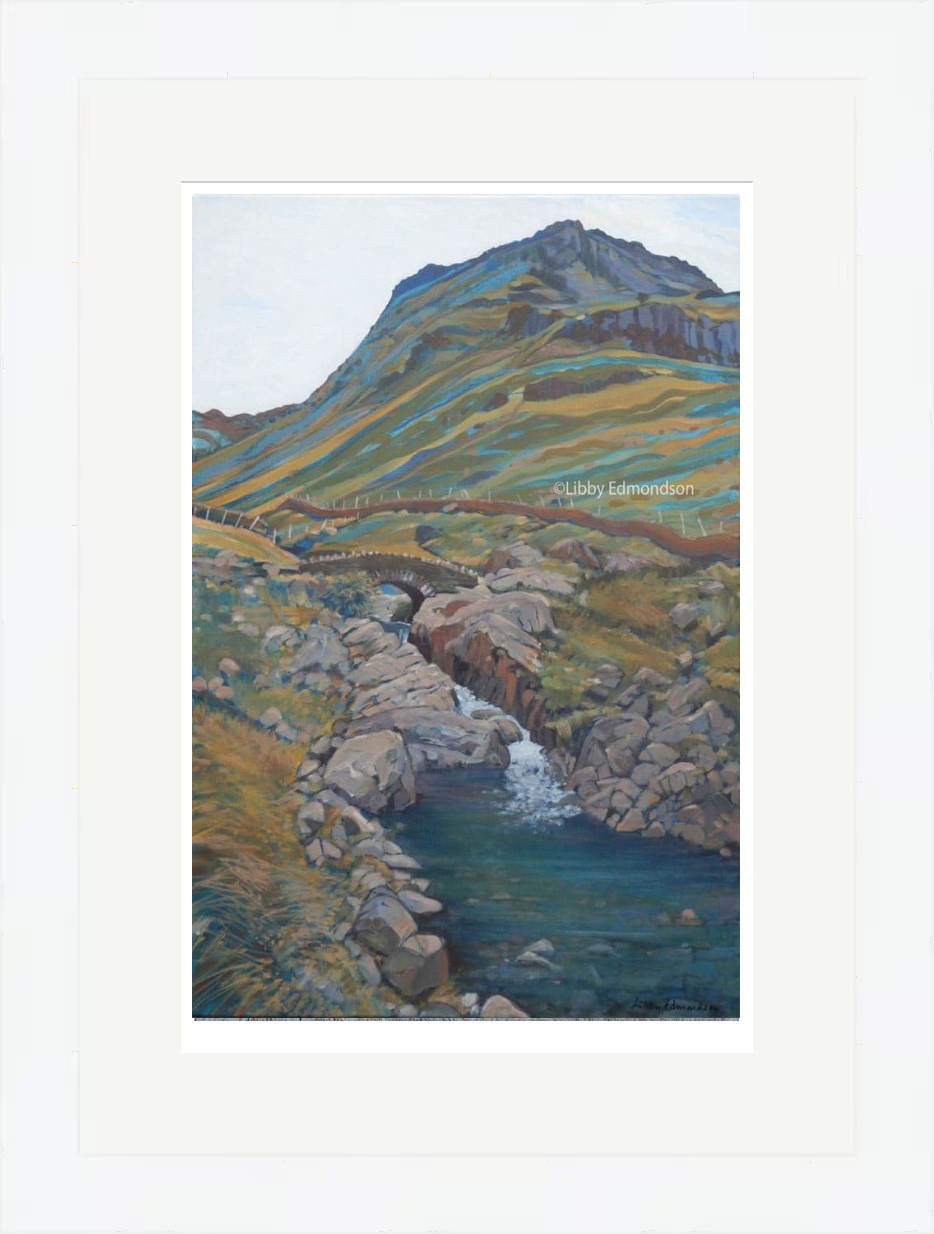 Lake District art by Libby Edmondson. Limited edition print Stockley Bridge 2013 the old packhorse bridge over the river derwent near styhead gill
