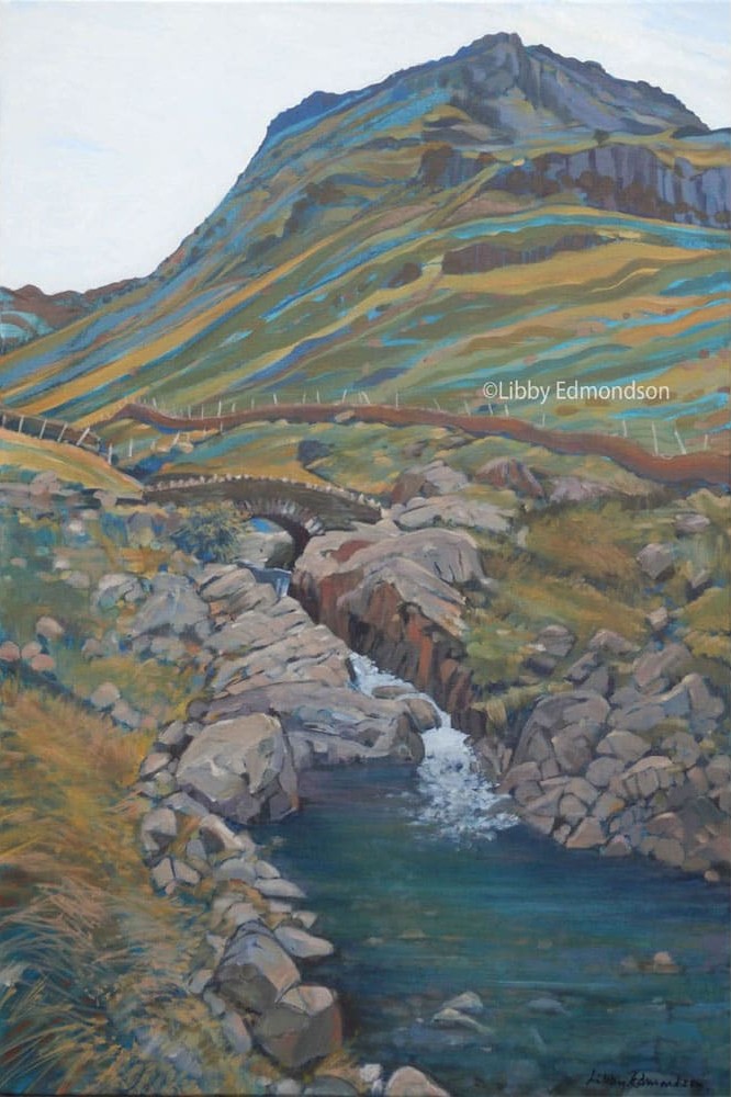 Stockley Bridge by Libby Edmondson Lake District art by Libby Edmondson. Limited edition print Stockley Bridge 2013 the old packhorse bridge over the river derwent near styhead gill
