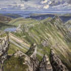 lake district art original oil painting by local artist simon whitfield striding edge in summer from lad crag helvellyn looking towards red tarn and ullswater