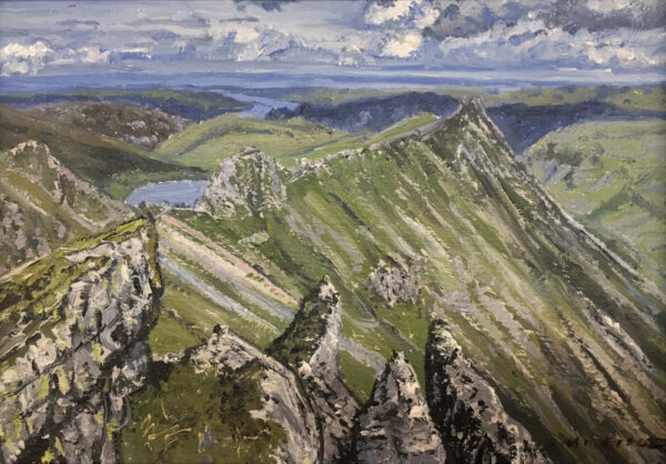 lake district art original oil painting by local artist simon whitfield striding edge in summer from lad crag helvellyn looking towards red tarn and ullswater