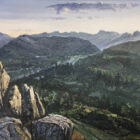 lake district art original oil painting by local artist simon whitfield summer evening on loughrigg fell looking towards the langdale pikes
