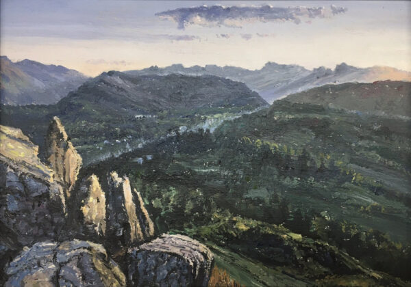 lake district art original oil painting by local artist simon whitfield summer evening on loughrigg fell looking towards the langdale pikes