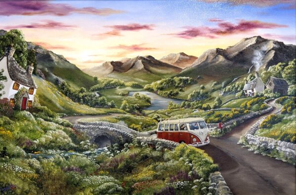 Lake District art original acrylic painting by Caroline Deighton. The adventure ahead featuring red Volkswagen camper van on bendy roads. Lake and hills in the background while the sunsets.