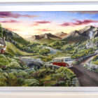 Lake District art original acrylic painting by Caroline Deighton. The adventure ahead featuring red Volkswagen camper van on bendy roads. Lake and hills in the background while the sunsets. In a white frame.