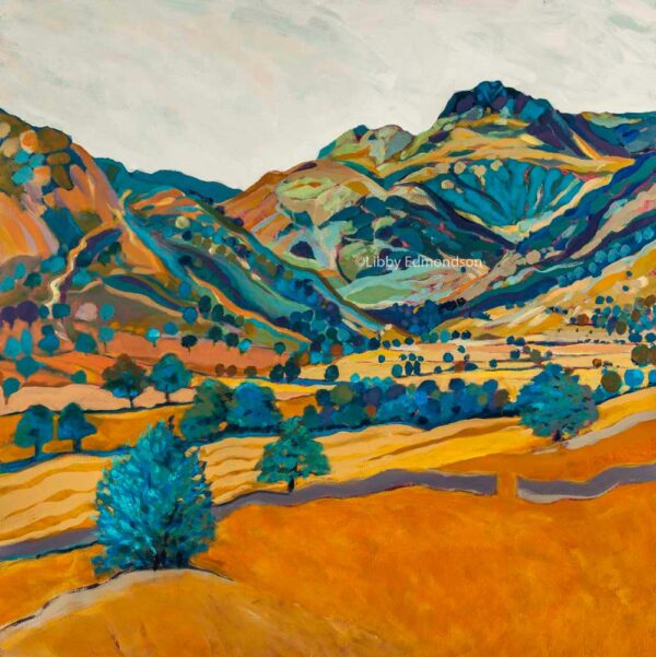 Art print by Lake District artist Libby Edmondson of The Blue Wall featuring the langdale pikes