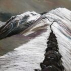 Art print by Lake District artist Libby Edmondson of The Hole in the Wall 2012 a contemporary simplistic sketch painting in white of a mountain ridge