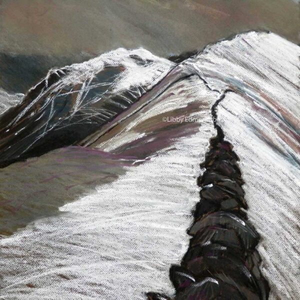 Art print by Lake District artist Libby Edmondson of The Hole in the Wall 2012 a contemporary simplistic sketch painting in white of a mountain ridge