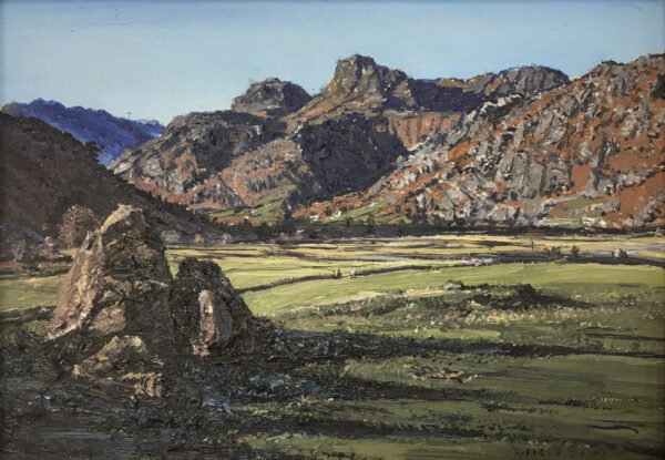 lake district art original oil painting by local artist simon whitfield the langdale pikes from copt how great langdale valley blue skies