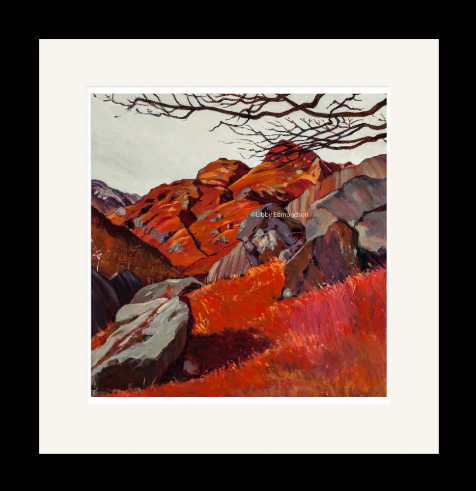 Art print by Lake District artist Libby Edmondson of The Pikes from the Boulders 2012 featuring the langdale pikes in earthy red tones