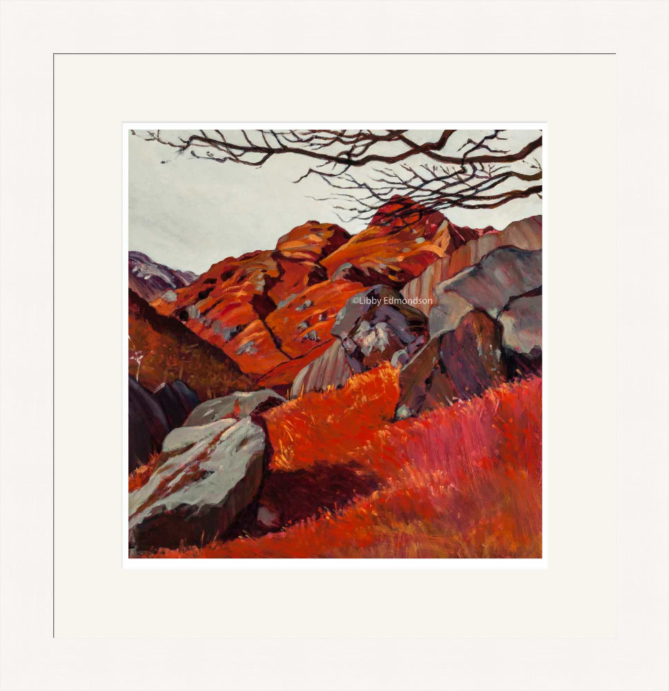 Art print by Lake District artist Libby Edmondson of The Pikes from the Boulders 2012 featuring the langdale pikes in earthy red tones