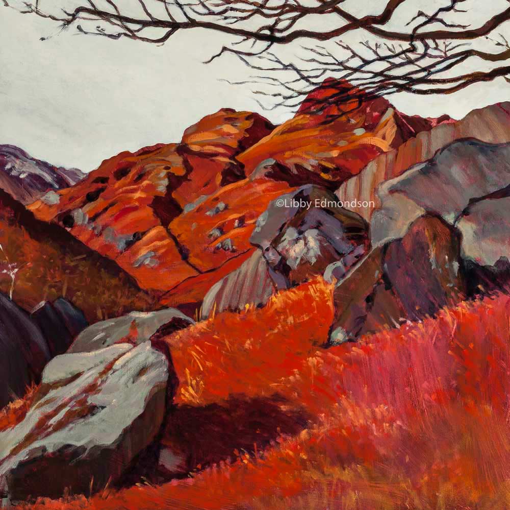 The Pikes from the Boulders by Libby Edmondson Art print by Lake District artist Libby Edmondson of The Pikes from the Boulders 2012 featuring the langdale pikes in earthy red tones