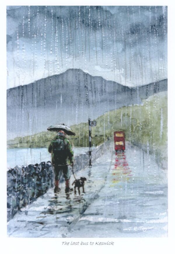 Open edition print by Jim Taylor. This print is part of the series of a man with his little black dog. On this print you can see a man with his dog running in the rain towards the bus station and seeing how the bus is driving away