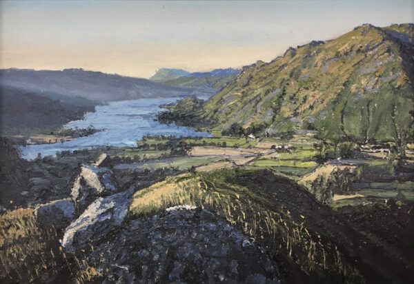 lake district art original oil painting by local artist simon whitfield summer evening at ullswater looking towards place fell from near to st sundays crag