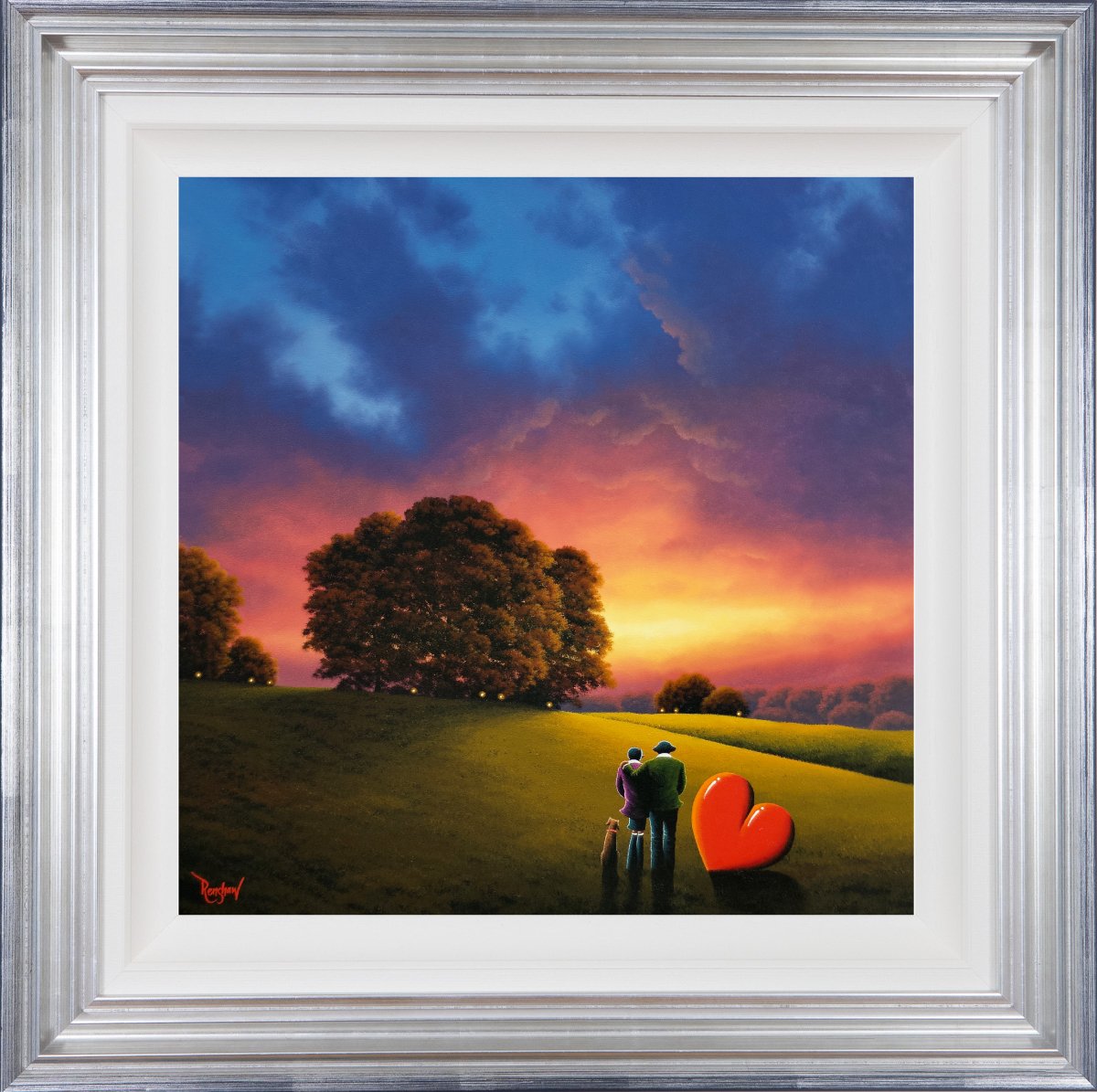 Lake District art original oil painting Unconditional Love by David Renshaw. featuring ted and doris overlooking a sunset with red heart and dog
