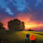 Lake District art original oil painting Unconditional Love by David Renshaw. featuring ted and doris overlooking a sunset with red heart and dog