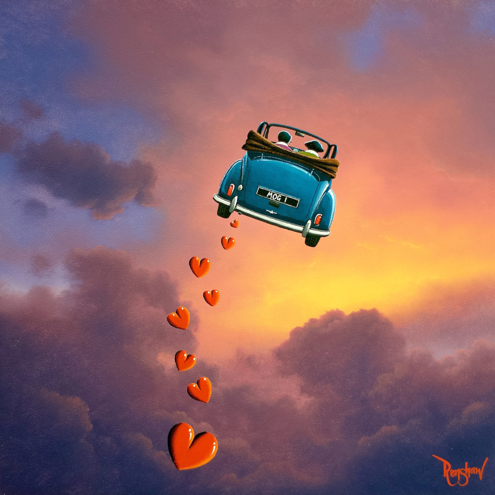Up Up And Away by David Renshaw 16 x16 image size lake district art romantic original oil painting by david renshaw. Up up and away featuring Ted and Doris in a blue convertible flying into a dreamy pink sunset-followed by a trail of hearts.