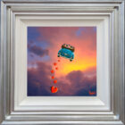 lake district art romantic original oil painting by david renshaw. featuring Ted and Doris in a blue convertible flying into a dreamy pink sunset-followed by a trail of hearts. Displayed in a silver blue frame.