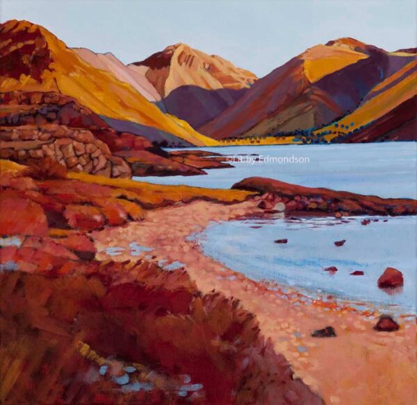 Art print by Lake District artist Libby Edmondson of Wasdale Head 2009 featuring wastwater yewbarrow great gable and the slopes to scafell