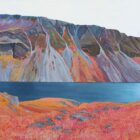 Lake District art by Libby Edmondson. Limited edition print Wasdale Screes featuring a blue wastwater contrasting with the red mountains