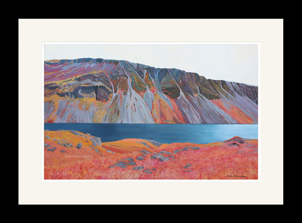 Lake District art by Libby Edmondson. Limited edition print Wasdale Screes featuring a blue wastwater contrasting with the red mountains