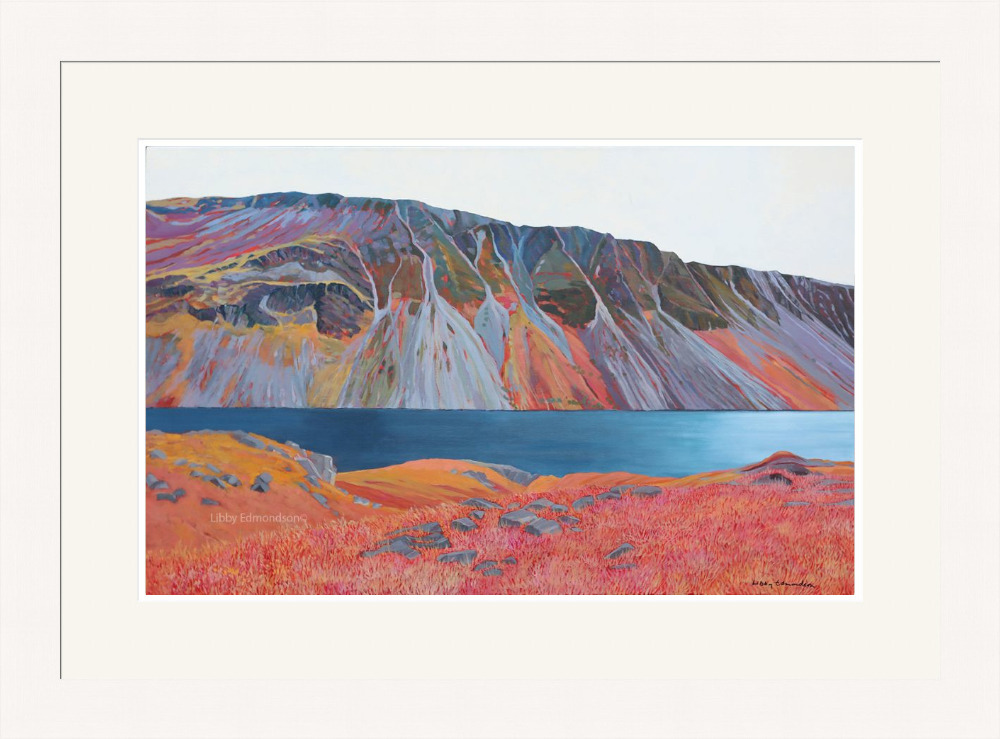 Lake District art by Libby Edmondson. Limited edition print Wasdale Screes featuring a blue wastwater contrasting with the red mountains