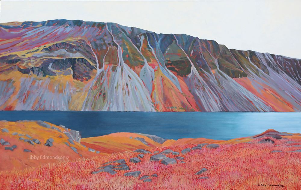 Wasdale Screes by Libby Edmondson Lake District art by Libby Edmondson. Limited edition print Wasdale Screes featuring a blue wastwater contrasting with the red mountains