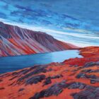 Lake District art by Libby Edmondson. Limited edition print Wasdale Screes II featuring a blue wastwater contrasting with the red mountains