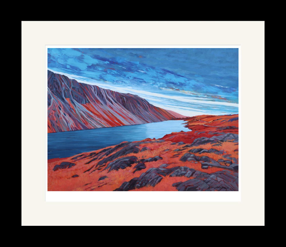 Lake District art by Libby Edmondson. Limited edition print Wasdale Screes II featuring a blue wastwater contrasting with the red mountains