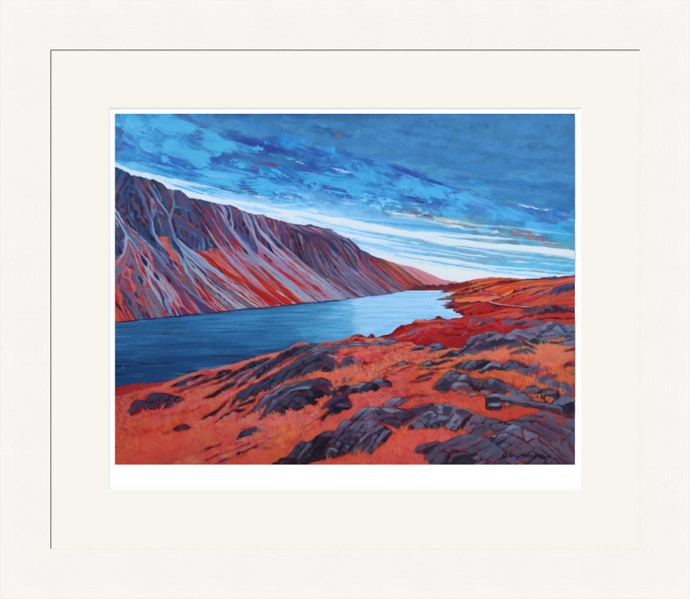 Lake District art by Libby Edmondson. Limited edition print Wasdale Screes II featuring a blue wastwater contrasting with the red mountains