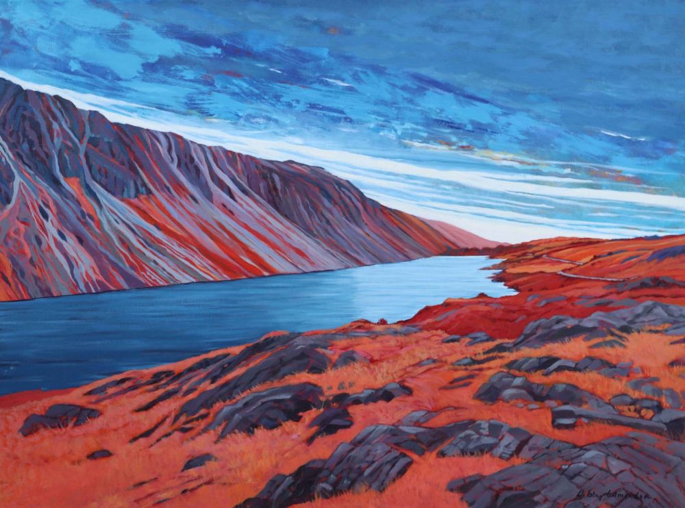Wasdale Screes ii by Libby Edmondson Lake District art by Libby Edmondson. Limited edition print Wasdale Screes II featuring a blue wastwater contrasting with the red mountains