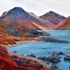 Lake District art by Libby Edmondson. Limited edition print Wastwater IV - featuring yewbarrow and great gable in purple and red tones contrasting against the blue lake