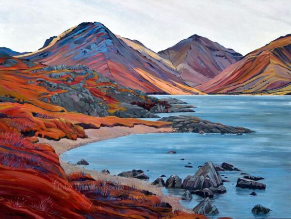 Lake District art by Libby Edmondson. Limited edition print Wastwater IV - featuring yewbarrow and great gable in purple and red tones contrasting against the blue lake
