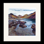 Art print by Lake District artist Libby Edmondson of Wastwater featuring the deepest lake with yewbarrow great gable and scafell in red purple tones