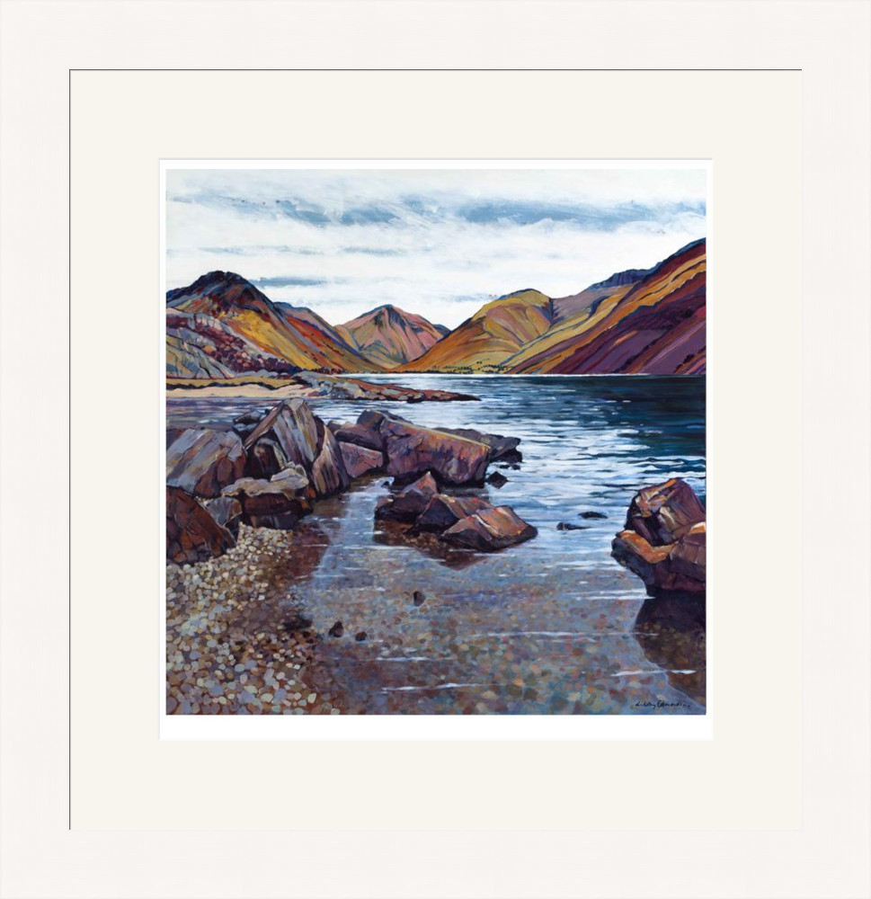 Art print by Lake District artist Libby Edmondson of Wastwater featuring the deepest lake with yewbarrow great gable and scafell in red purple tones