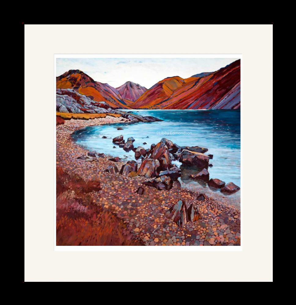 Art print by Lake District artist Libby Edmondson of Wastwater II featuring the deepest lake with yewbarrow great gable and scafell in red purple tones