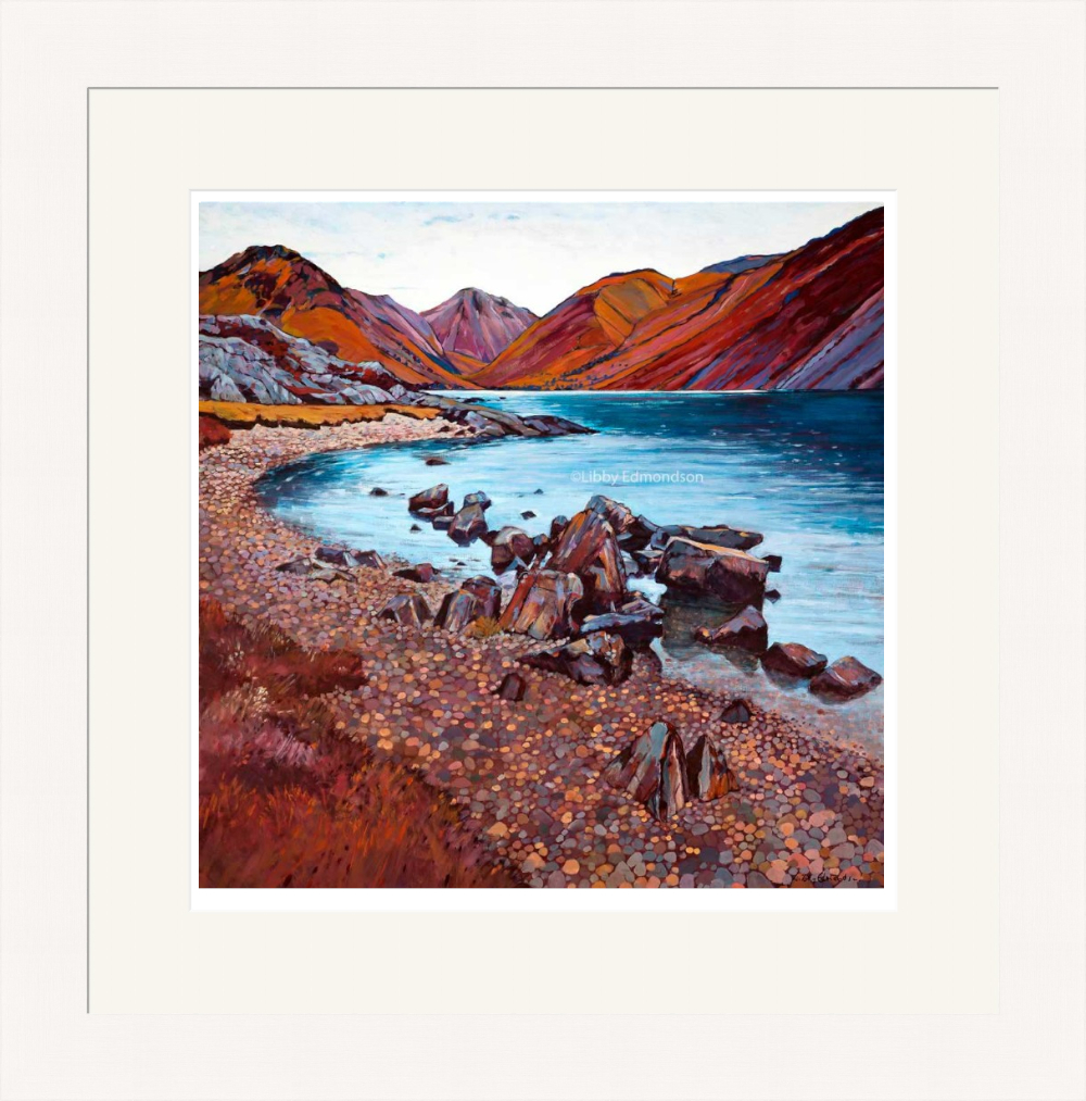 Art print by Lake District artist Libby Edmondson of Wastwater II featuring the deepest lake with yewbarrow great gable and scafell in red purple tones