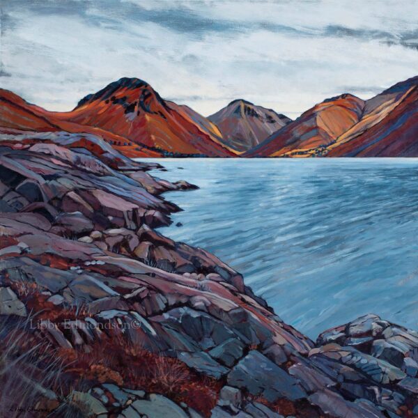 Lake District art by Libby Edmondson. Limited edition print Wastwater III featuring yewbarrow great gable and the slows to scafell. The mounts in rich red and purple tones set