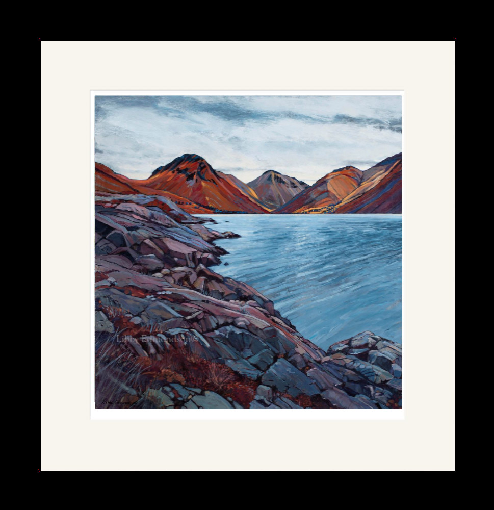Lake District art by Libby Edmondson. Limited edition print Wastwater III featuring yewbarrow great gable and the slows to scafell. The mounts in rich red and purple tones set