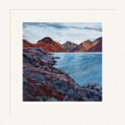 Lake District art by Libby Edmondson. Limited edition print Wastwater III featuring yewbarrow great gable and the slows to scafell. The mounts in rich red and purple tones set