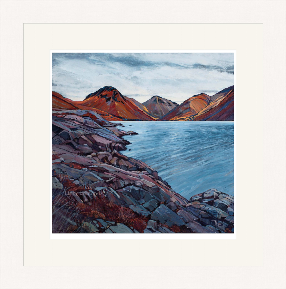 Lake District art by Libby Edmondson. Limited edition print Wastwater III featuring yewbarrow great gable and the slows to scafell. The mounts in rich red and purple tones set