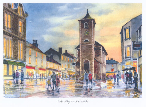 Lake District art by Jim Taylor. Wet Day in Keswick an art print featuring an old man and his dog on their Lakeland travels. A rainy day at the Market Square in town with Moot Hall.
